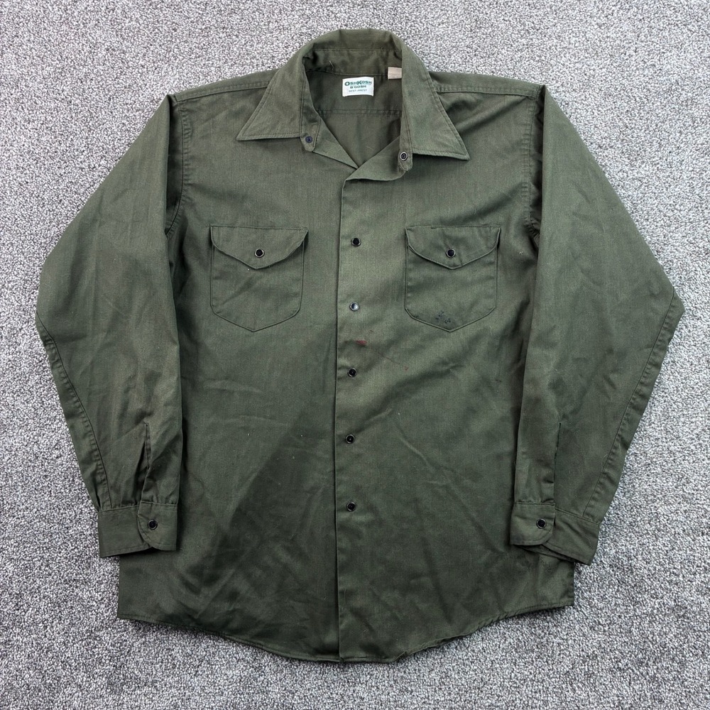 Vintage OshKosh B'Gosh Work Shirt Mens 16.5 Long Green Best Prest Utility Snap